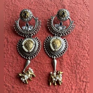 Elegant Silver and Gold Dangle Earrings almost 5” long in dual tone brass